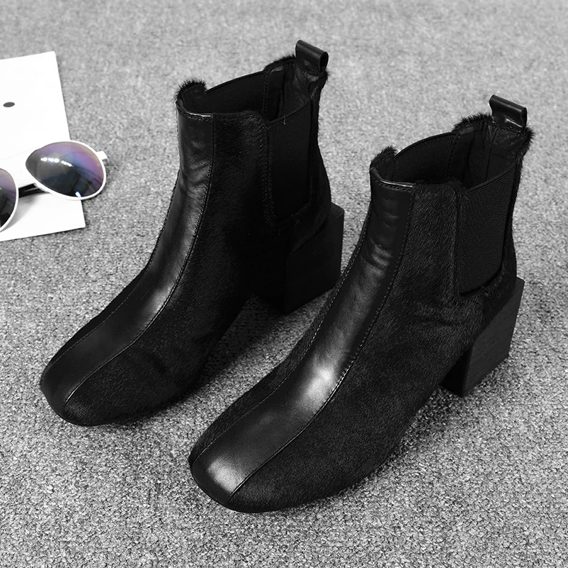 black short plush Ботинки «Челси» на толстом высоком каблуке; женская обувь; Модные Черные ботильоны из воловьей кожи с конским волосом; сезон осень-зима; вечерние офисные Ботинки - Цвет: black short plush