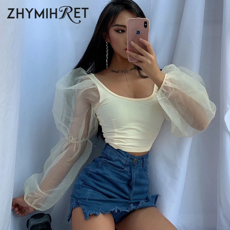 ZHYMIHRET весна 2019 полупрозрачный женский короткий топ с рукавами женская футболка
