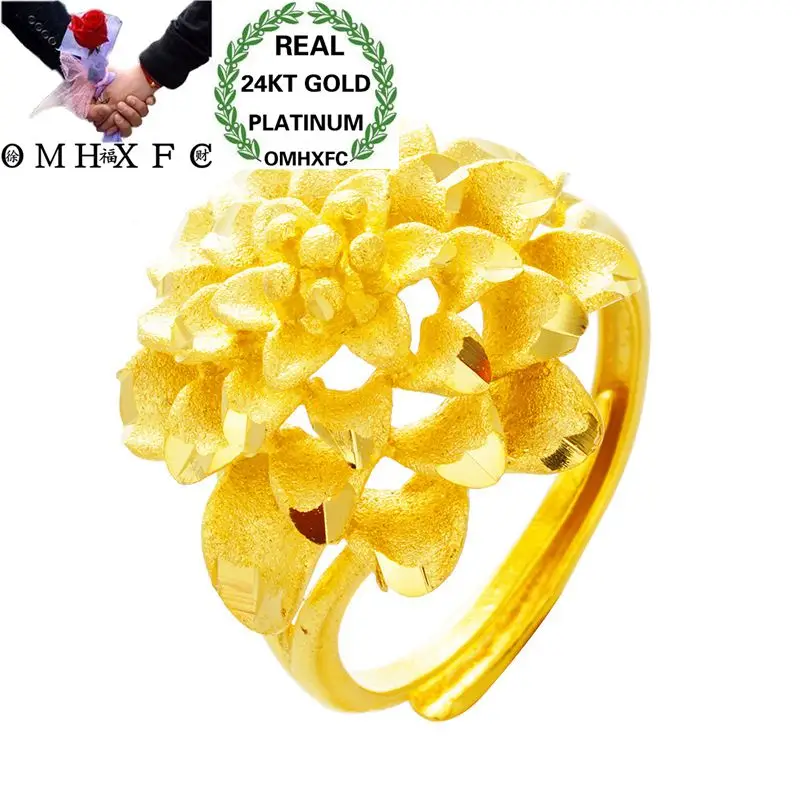 

OMHXFC Wholesale European Fashion Woman Girl Party Birthday Wedding Gift Vintage Flower Resizable 24KT Real Gold Ring RI131