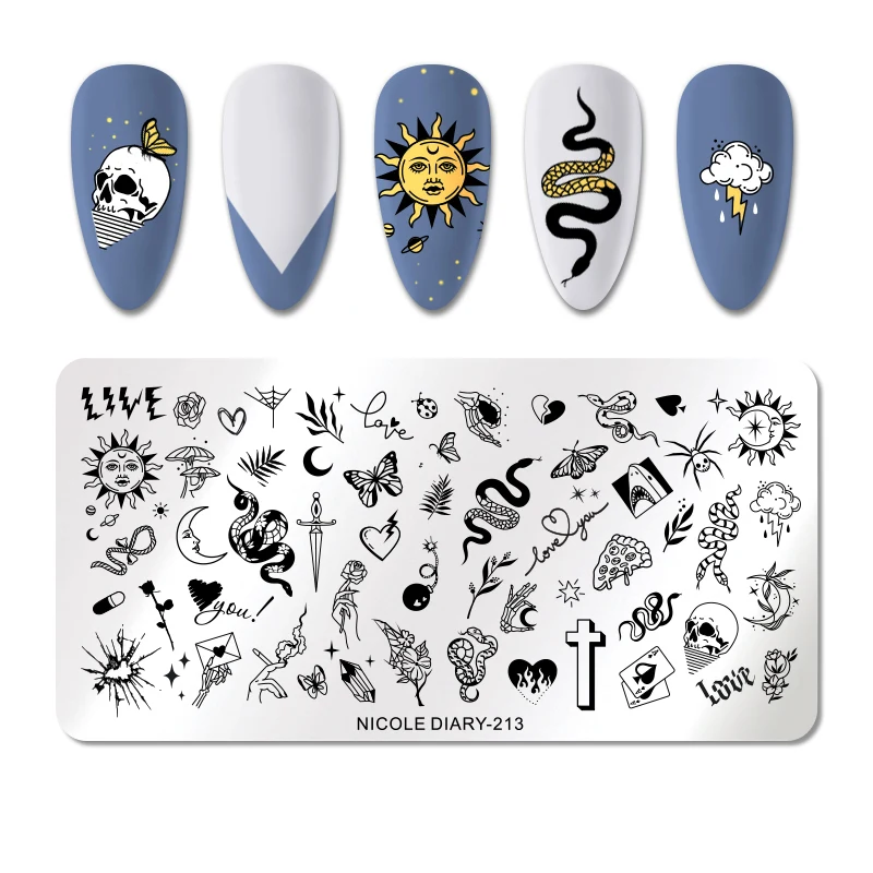 Трафареты NICOLE DIARY для стемпинга ногтей со змеиным леопардом геометрическими