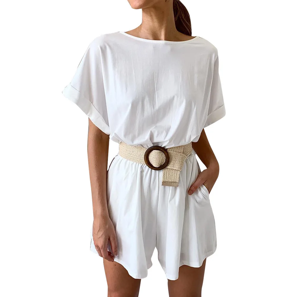 Сексуальный однотонный Летний Пляжный комбинезон с коротким рукавом