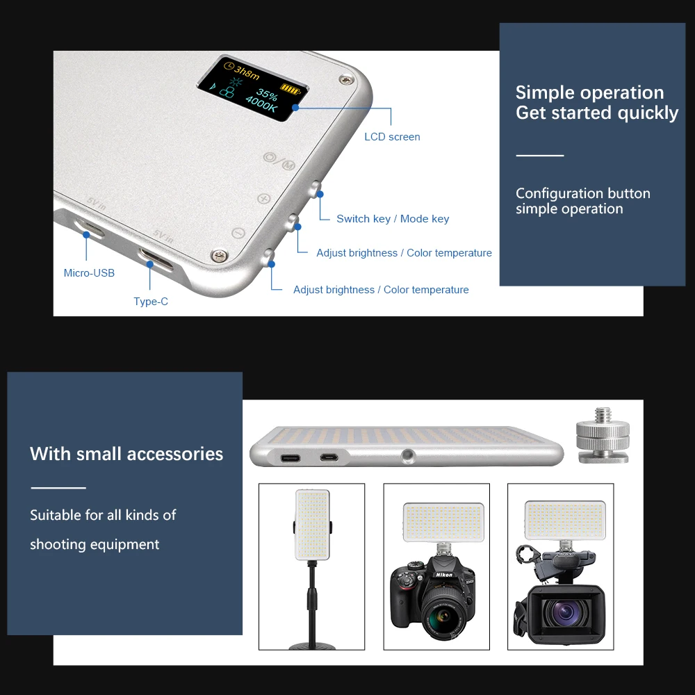 Светодиодный заполняющий светильник для фотосъемки Sony Canon Nikon с регулируемой