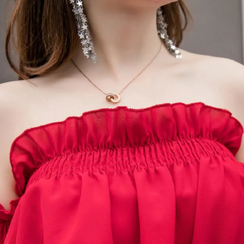 Women Set 2 Piece Summer Fashion Trend Crop Top 2021 New Ladies Clothes Leaky Shoulder Word Collar Chiffon Cropped Pants |