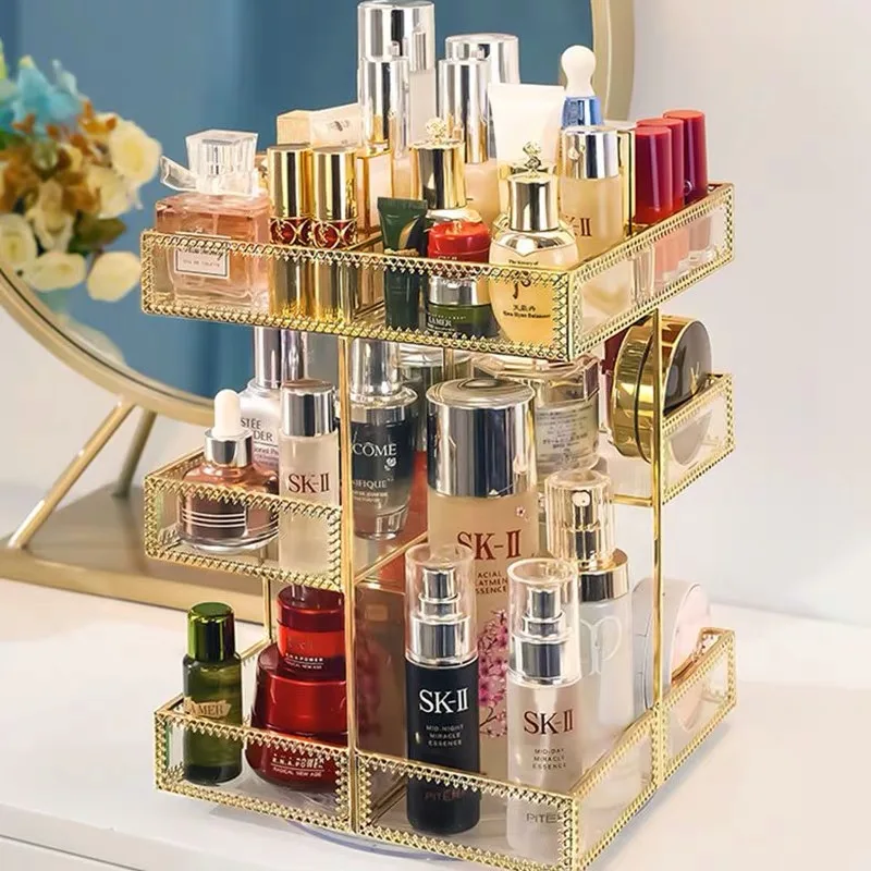 Antique Spacious Mirror Glass Cosmetic Storage Cube Set with 3 Tier Dustproof Drawers Vanity Tray/Gold Metal Makeup | Дом и сад