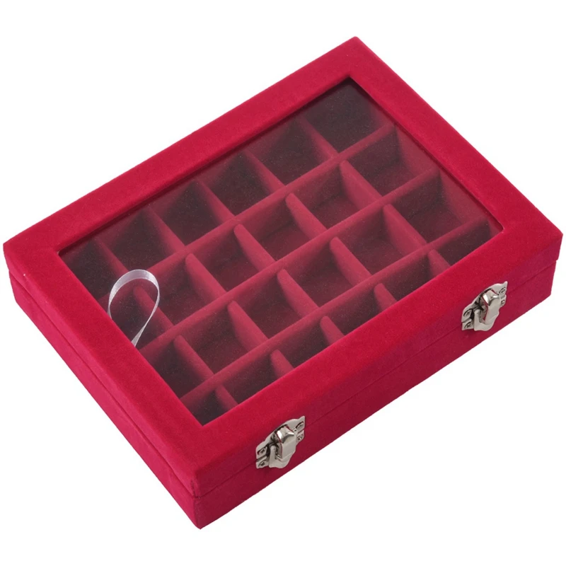 

2Pcs 24 Grid Display Box Jewelry Storage Glass Bracelet Watch Pillow Buckle - Rose Red & Grey