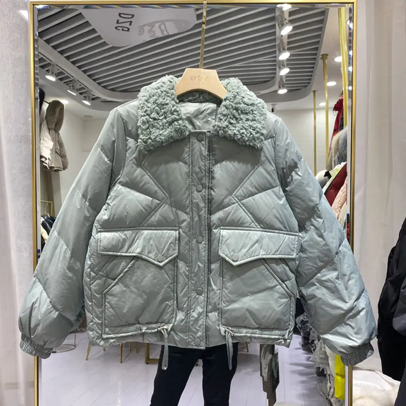 

Removable Access Control Lamb Fur Collar Down Jacket For Winter 2021 New Female Rhombic White Duck Down Outwear Thick Warm Coat