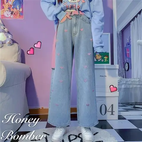 

Retro washed BM style love jeans women's straight wide leg pants loose high waist slim ins Capris