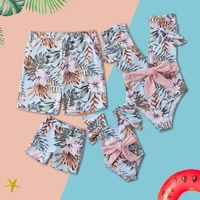 tropical leaf swimsuits family matching outfits bows mother daughter swimwear mommy and me clothes father son swimming shorts