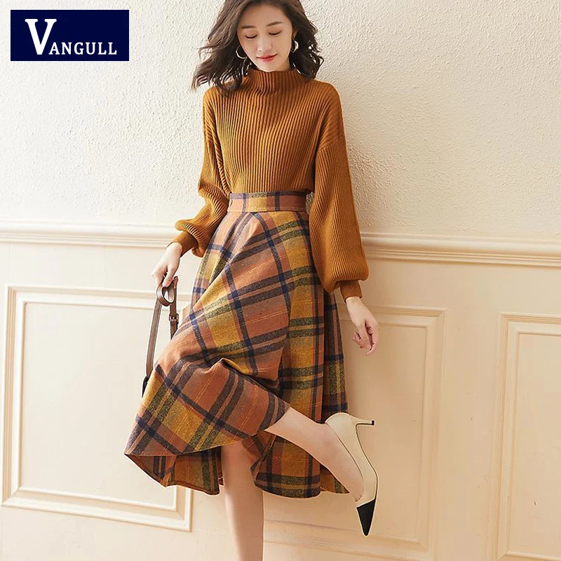 Vangull England Style Women Two-piece Suit Autumn Solid Long Sleeve Knitted Pullovers Plaid Side Zip