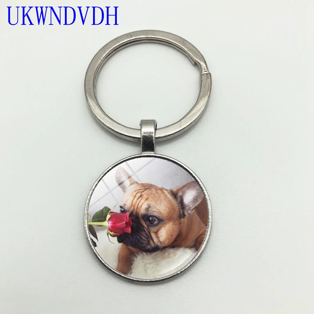 

French Bulldog and Rose Keychain Fashion Glass Pendant Vintage Classic Pop Keychain Pendant
