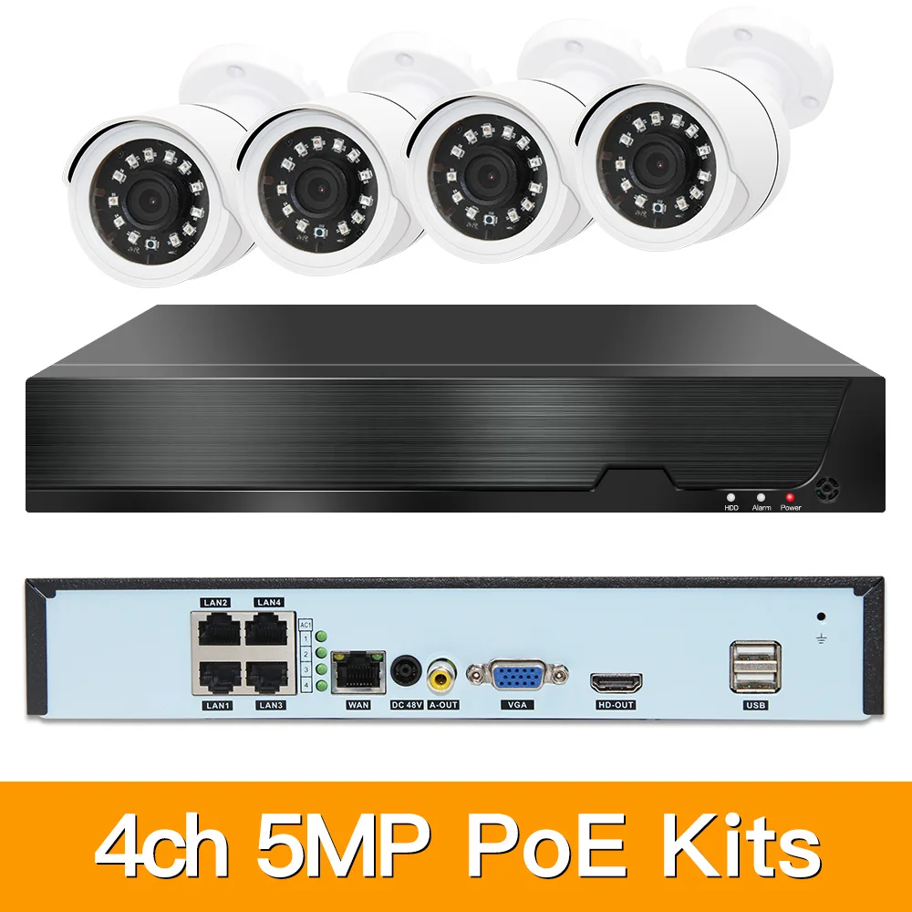 4ch 5MP POE комплекты H.265 система видеонаблюдения PoE NVR наружная Водонепроницаемая ip