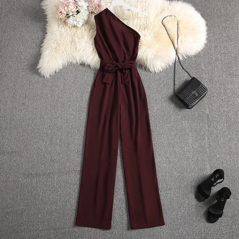 ALPHALMODA Oblique Shoulder Outfit Sashes Solid Color Slim Fit Ladies Elegant Party Jumpsuit Summer Fashion Rompers | Женская одежда