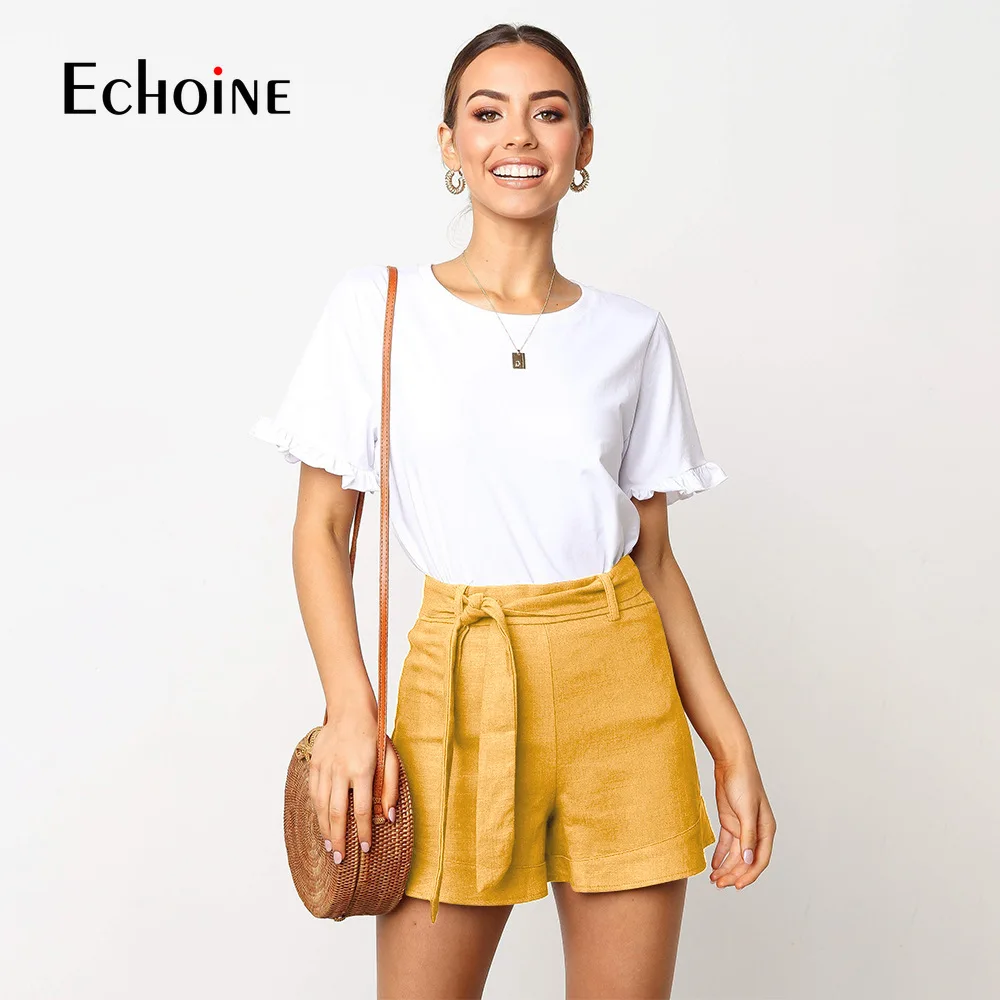 Echoine для женщин с высокой талией Maillot De Bain Femme хлопковые льняные шорты Однотонная