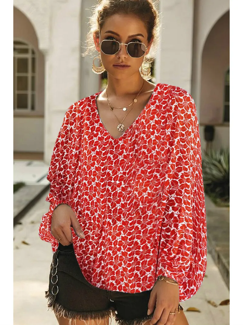 

Ladies Shirt Top Printing Loose V-Neck Blouses Casual Stitching Outdoor Lantern Sleeve Party Women's Chemise Femme 2021 New