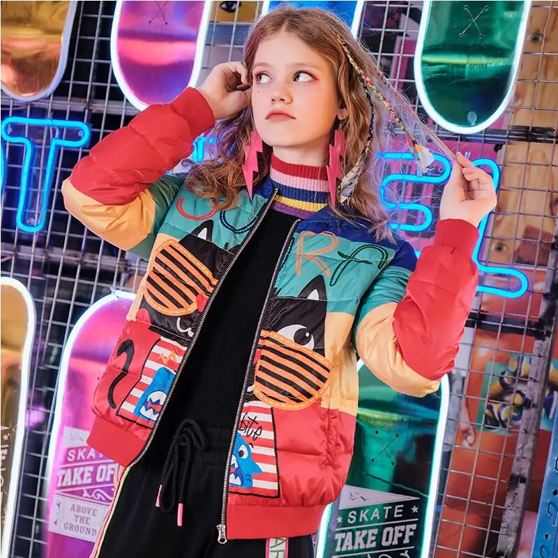 2019 зимние пуховики с принтом из мультфильмов модные тонкие женские короткие