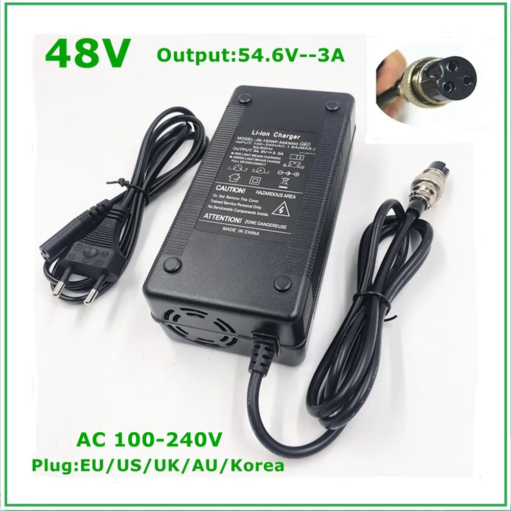 

48V Li-ion Battery Charger Output 54.6V 3A for 48V Electric Bike Lithium Battery Pack 3 Pin Female Connector GX16 XLR 3 Socket