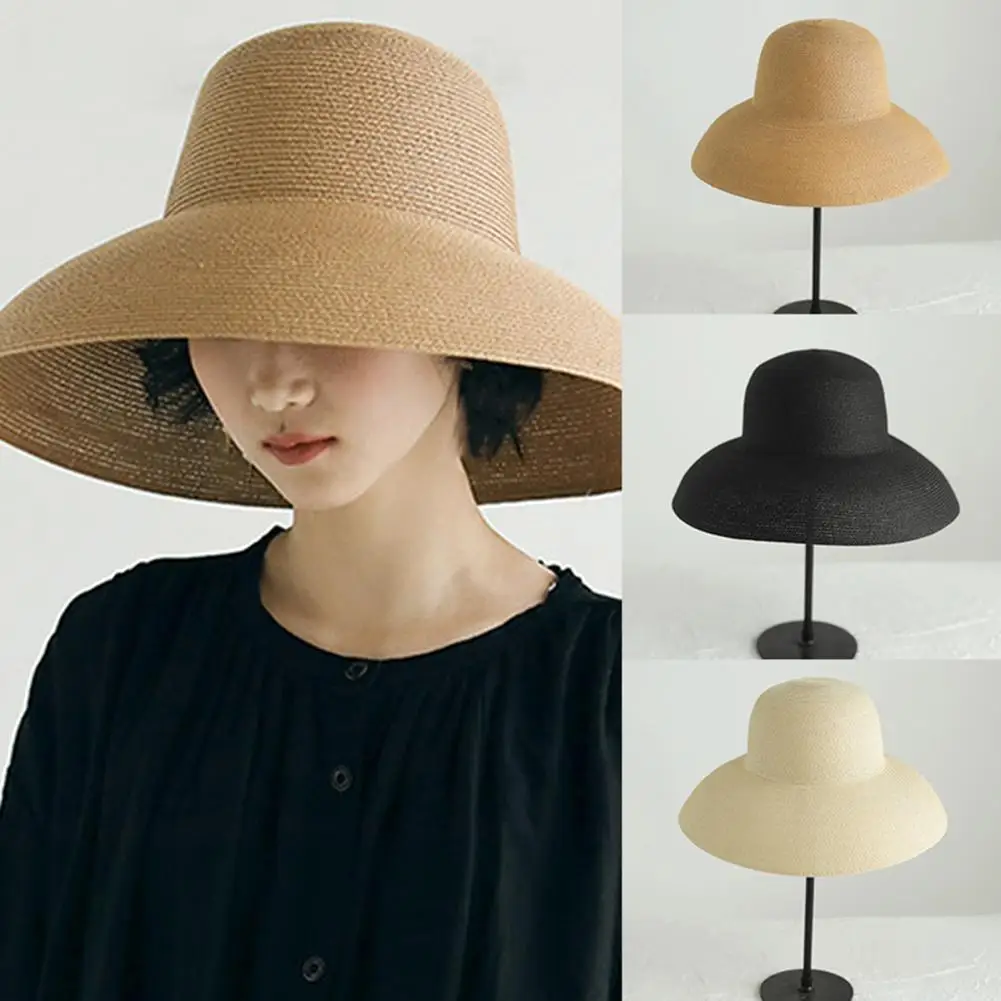 

Women Sun Hat Wide Brim Anti-ultraviolet Foldable Sun Visor Foldable Solid Color Straw Hat Protective Caps for Summer