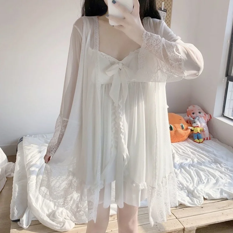 Sexy Nightwear 2021 New Summer Vintage Princess Style Dress Cute Lace Sling Nightdress Kawaii Bow Nightgown Home Suit