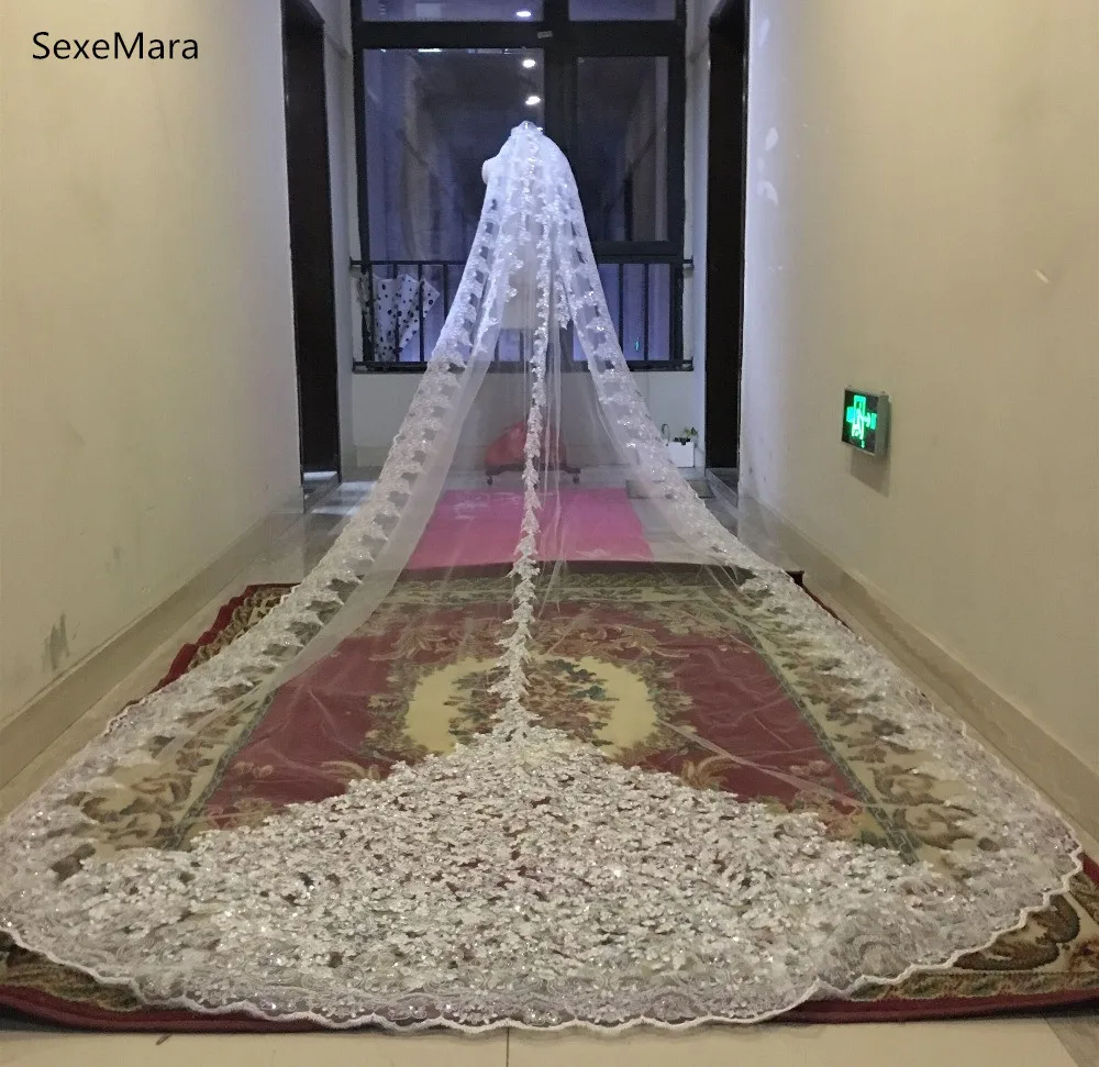 بلينغ بلينغ الترتر الخرز كاتدرائية الزفاف الحجاب يزين الدانتيل حافة بلورات 1T مع مشط المرفقة مخصص طويل 5 M الزفاف