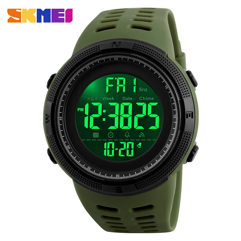 ArmyGreen SKMEI 1251, мужские спортивные часы, двойное время, мужские многофункциональные часы, будильник, Chrono, 5 бар, водонепроницаемые цифровые часы, reloj hombre - Цвет: ArmyGreen