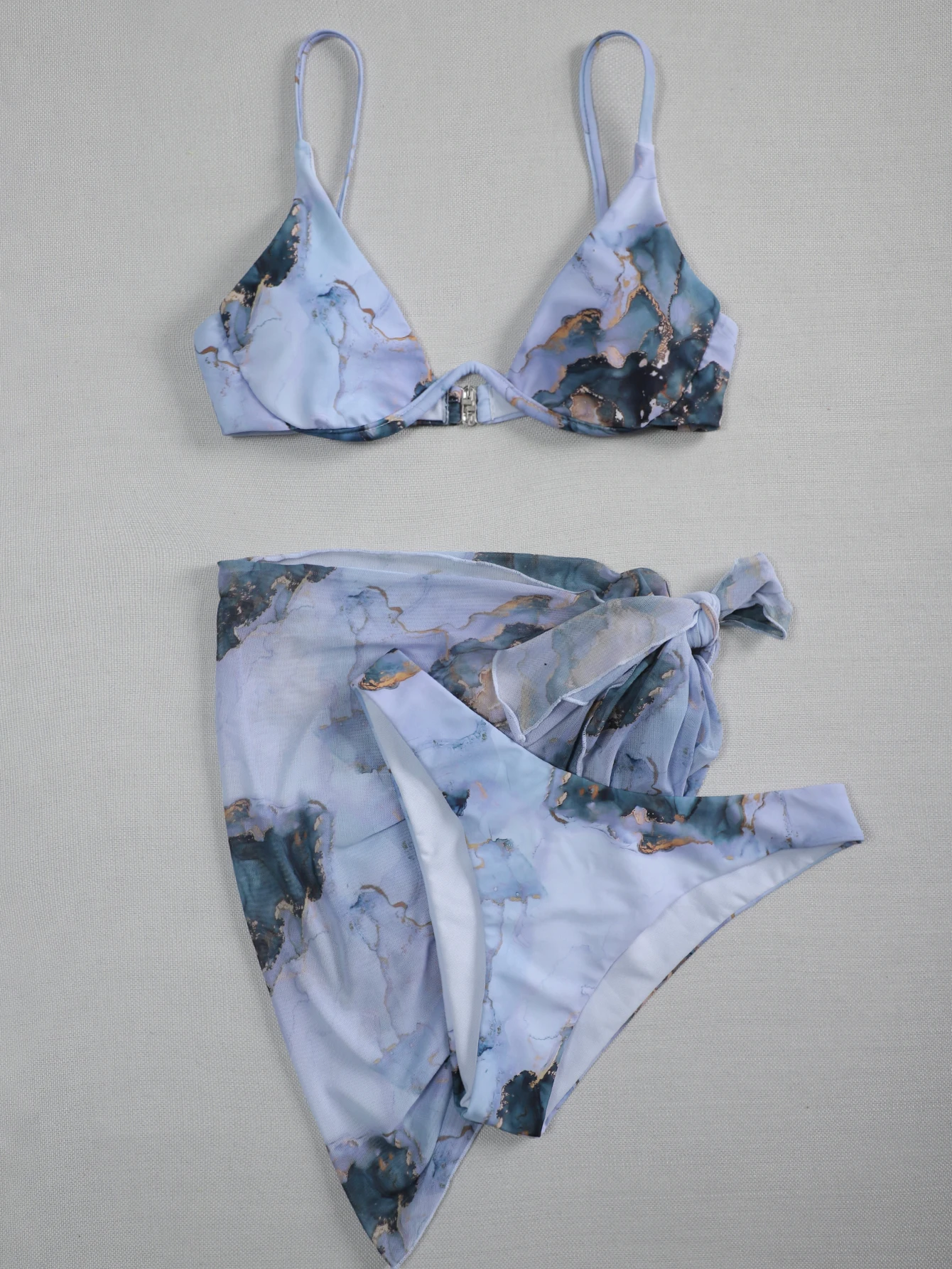 

Sexy Underwire 3 Piece Bikini Set Halter Ink Painting Padded Thong Swimsuit Brazilian Bathers Bathing Suit Swimwear Cover up