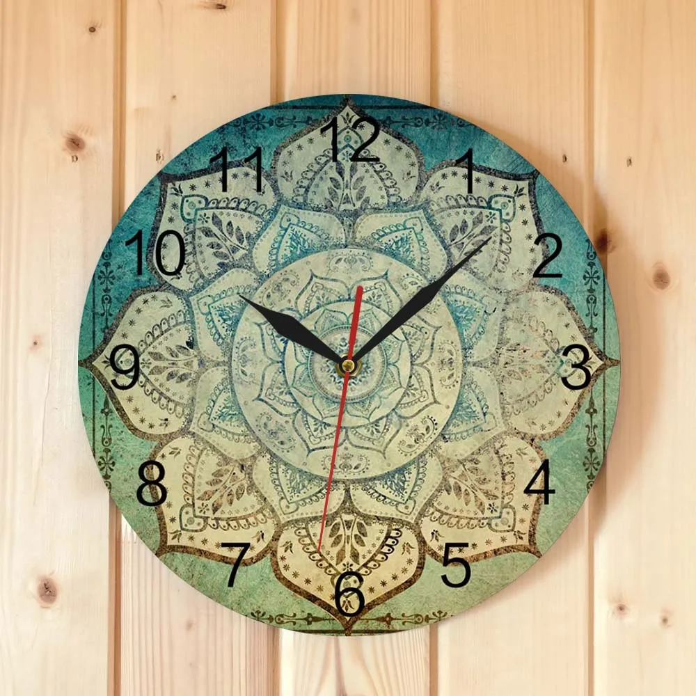 

Faded Indian Mandala Floral Wall Clock Vintage Bohemian Mandala Silent Wall Clock Battery Operated 12 Inch Non Ticking Gift