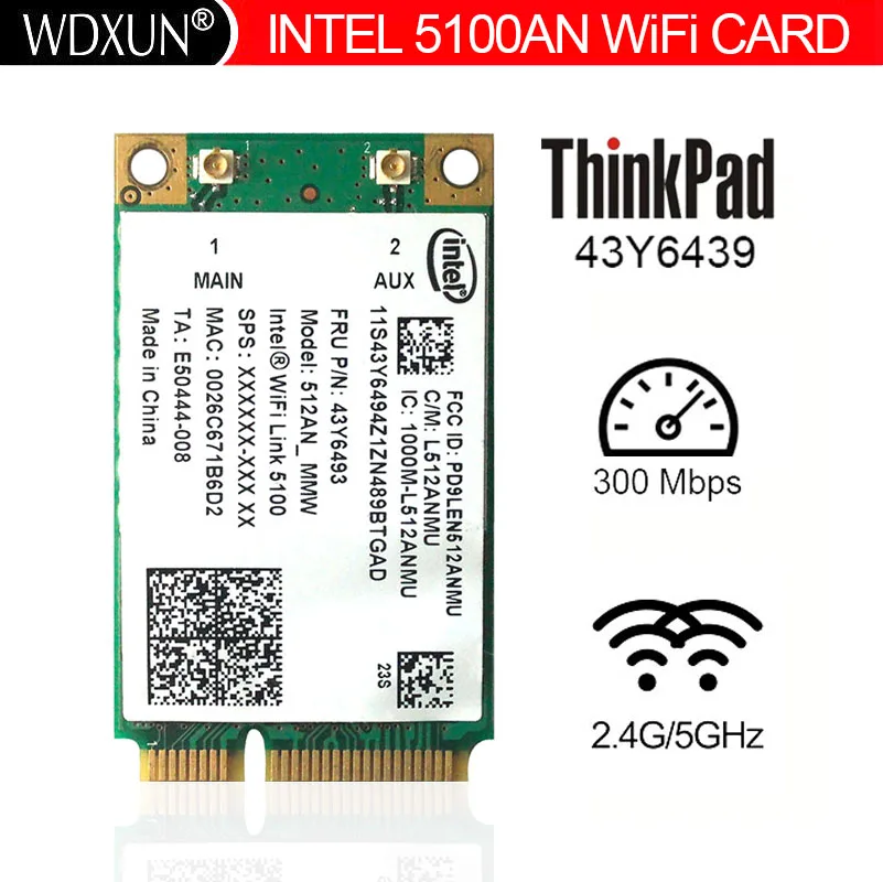 Беспроводная карта Intel, Wi-Fi link 5100AN, 300 Мбит/с, Mini PCIe, Wi-Fi, для X200, X301, T400, W700, R400, R500, G450L, G430A, Y450, Y430, E43L, K43A