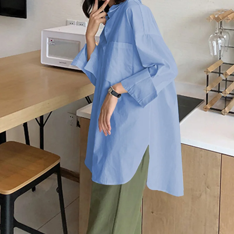 Light Blue Стильные женские топы и блузки, повседневные одноцветные рубашки с длинными рукавами и пуговицами, асимметричные женские рубашки, мешковатые Блузы 5XL - Цвет: Light Blue