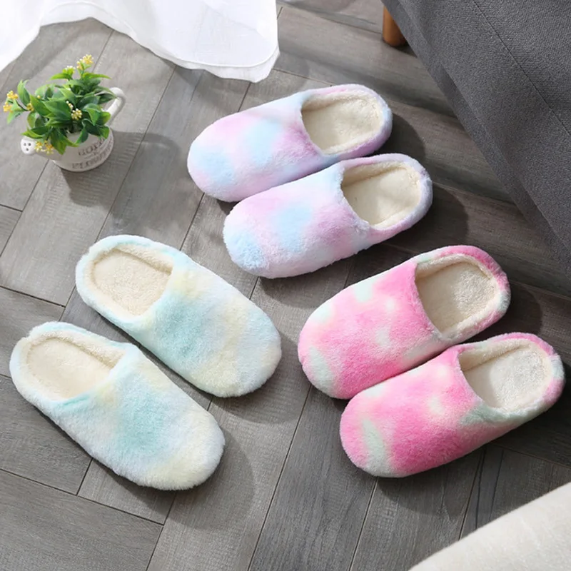 

Women Home Slippers With Faux Fur Flats Heel Winter Shoes Keep Warm Shoes For Woman Rainbow Basic Plus Size Comfortable Shoe