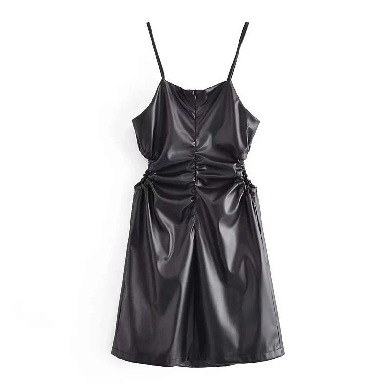 

Summer Women's Dresses PU Vestidos Mujer Faux Leather Mini Dress Female Streetwear High Waist Sexy Club Spaghetti Strap Robes Za