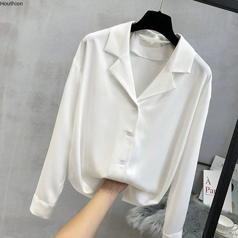 

Houthion Chiffon Solid Women's Blouses Summer Fashion Retro Blouse New Korean Long Sleeve Top Breasted Shirt lady shirts