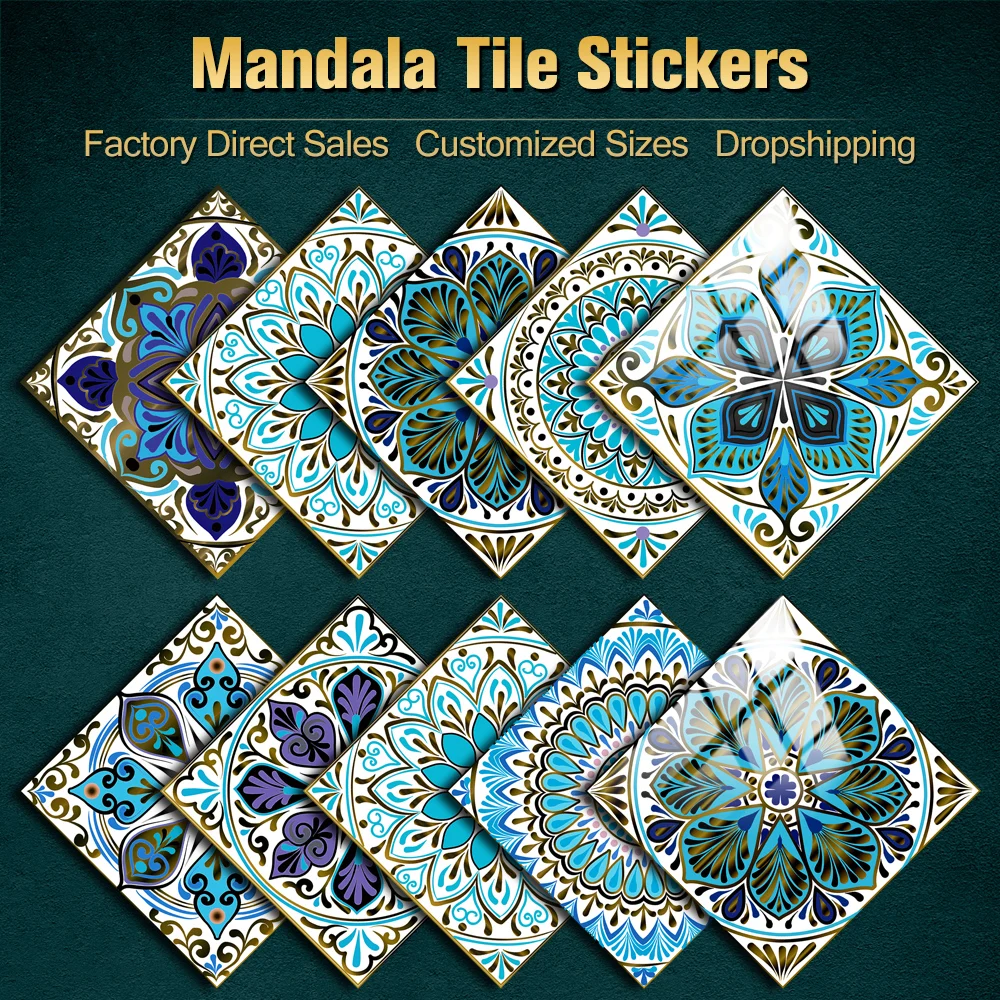 

10/15/20/30cm Colorful Mandala Style Tile Sticker Kitchen / Bathroom Wardrobe Glossy Surface Art Mural Peel & Stick Wall Decals