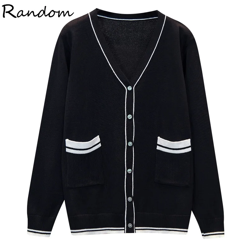 Черный белый однобортный вязаный кардиган осенний элегантный классический