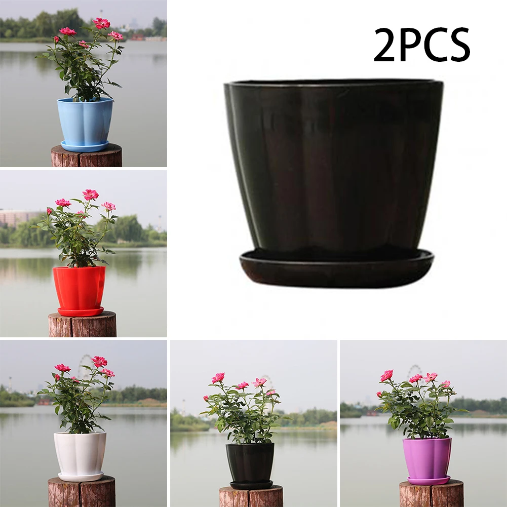 

2Pcs Set Petal Shape Plastic Flower Pot With Tray Succulent Garden Planter Pots Imitation Porcelain