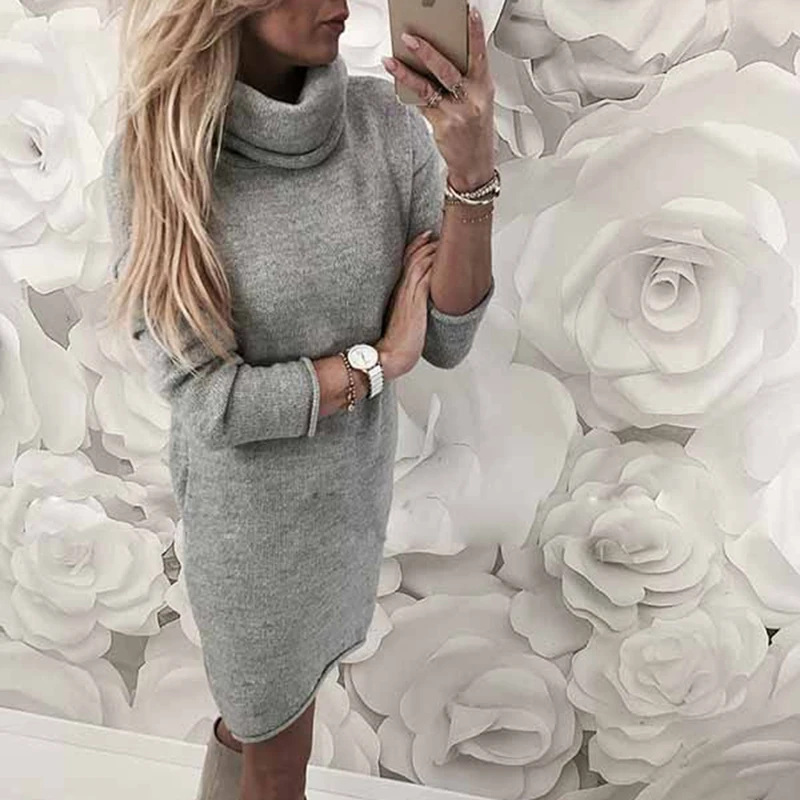 Вязаное платье-свитер осень 2020 однотонное повседневное элегантное мини-платье с