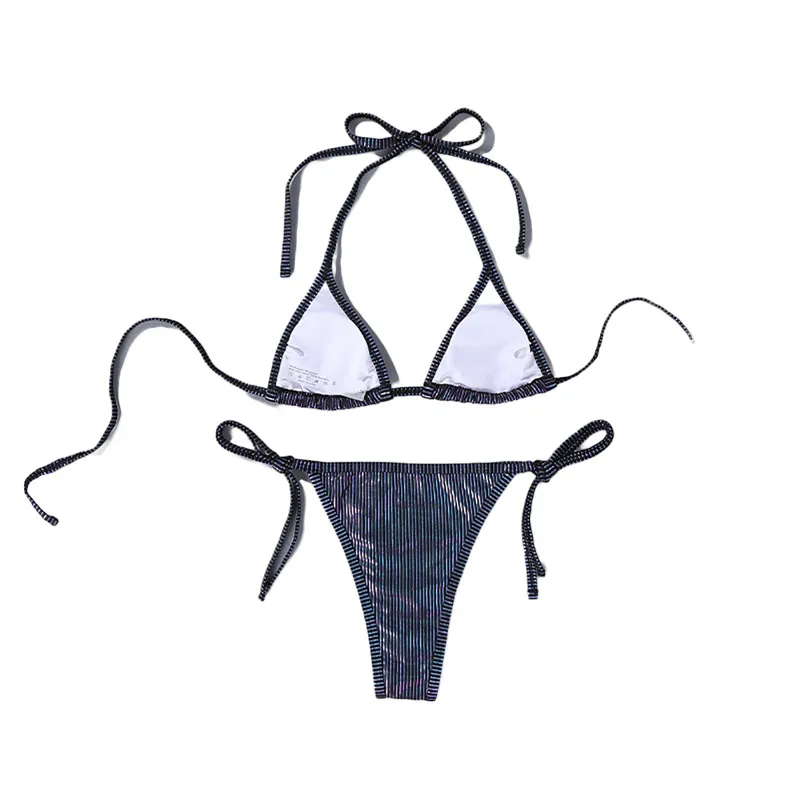 

Women's Sexy Stripe Printing Bikini Sleeveless Halter Tops Briefs Swimsuit, Classic Bare Midriff Two-pieces Set