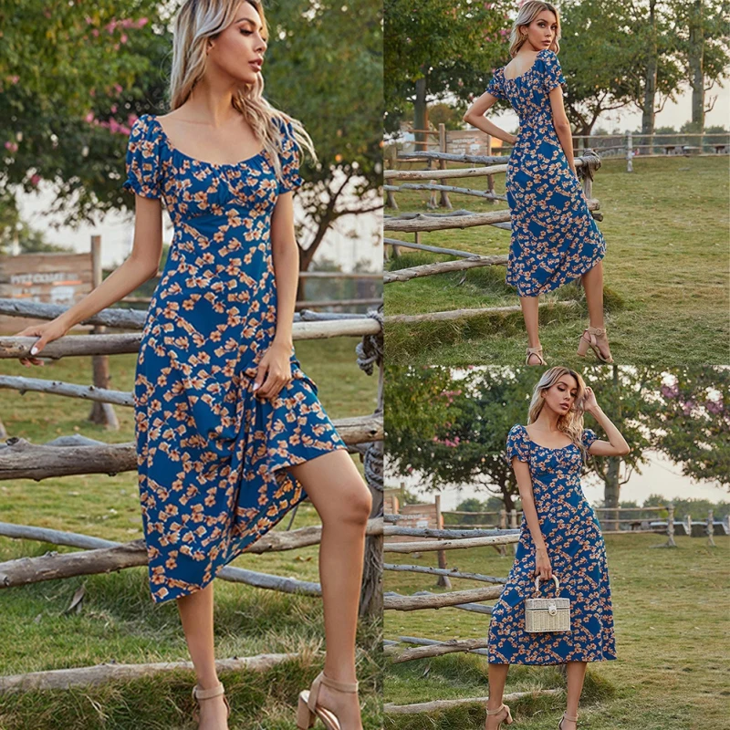 

2021 Summer New Style European and American Women's Printed Midi Skirt Fashion U-neck Floral A-line Slim Fit Dress