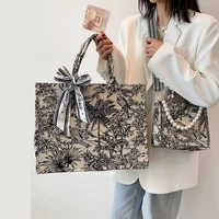 womens linen tote bag large capacity with plant animal printing japanses style female canvas square bags with pearl