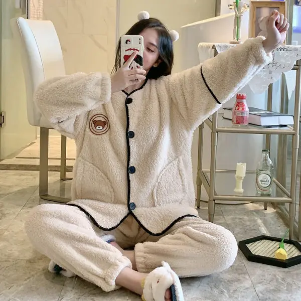 

Home Suit for Women Live Broadcast Net Red Cute Bear Plush Warm Pajama Women Autumn and Winter Coral Fleece Long-sleeved Pajama