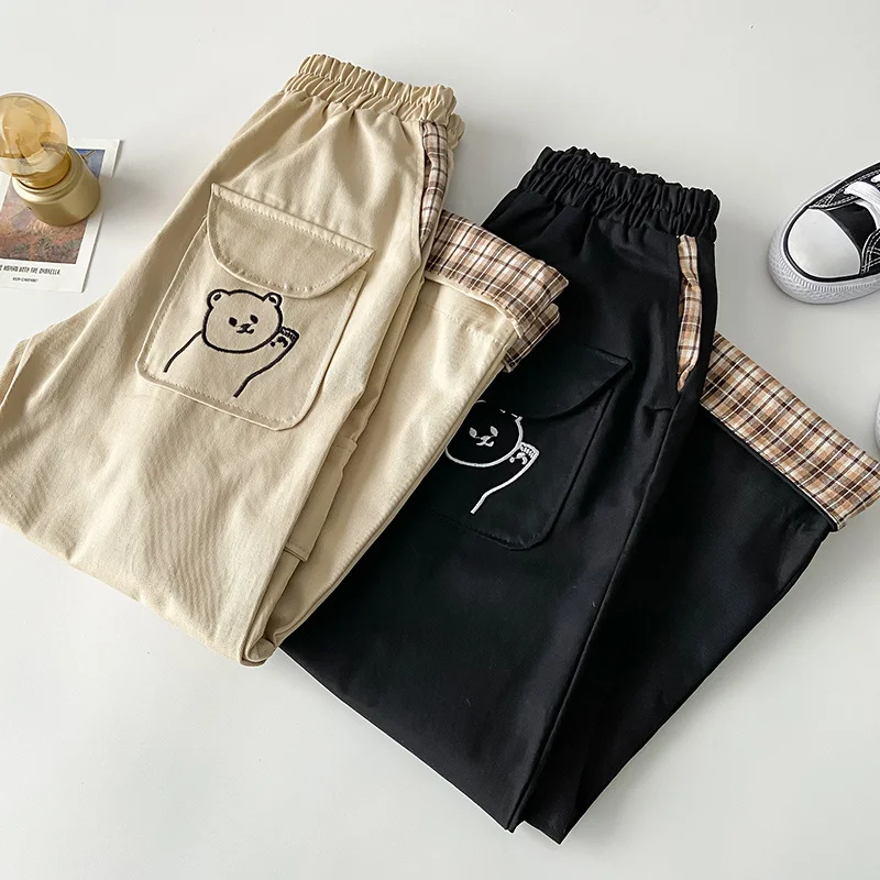 

Japanese Bear Casual Pants Women's Summer New Hong Kong Style Preppy Style Ankle Length Cargo Pants Elastic High Waist.Kio
