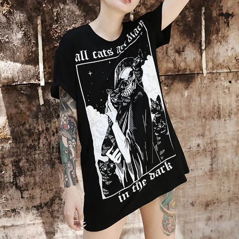 

Printing T Shirt Women Gothic Hipster Letter Skull Print Tshirt Black Streetwear Punk Girl Goth Tops Tees Casual Hip Hop T-Shirt