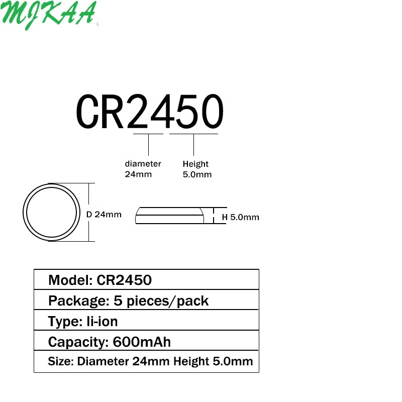 100 шт. CR2450 кнопочные батареи KCR2450 5029LC LM2450 литиевая батарея для монет 3 в CR 2450 часов