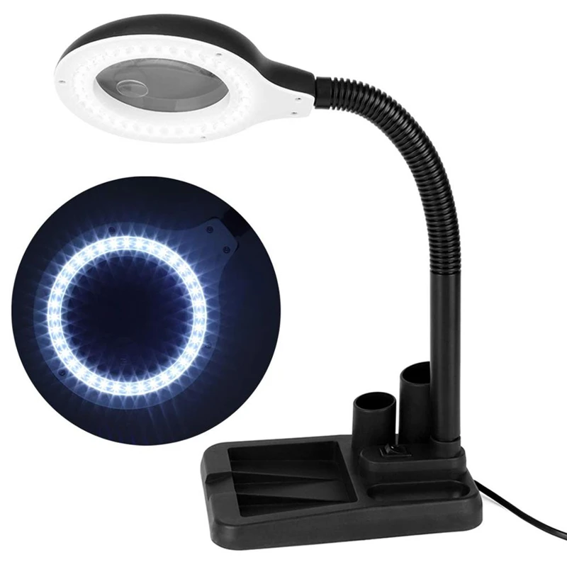 

5X 10X Magnifying Crafts Glass Lens LED Desk Magnifier Lamp Light Desktop Loupe Repairing Tools with 40 LEDs Stand for Welding