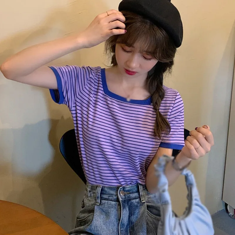 

Women Casual Short Sleeve Kintted Tops Summer Beach Wear Square Collar Stripe Wild Wind Tops Pullovers