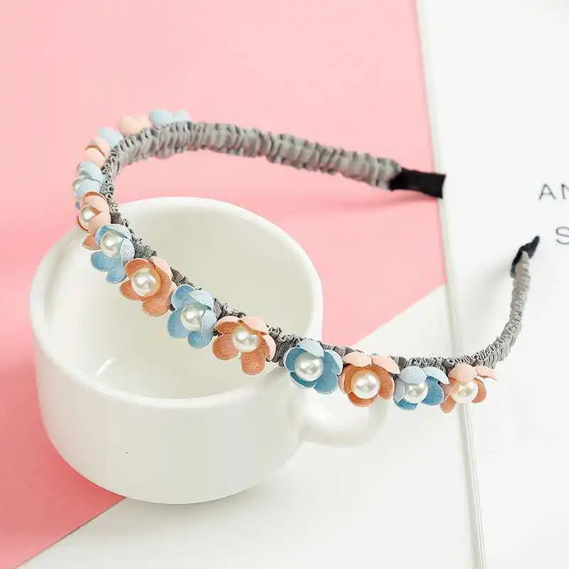 

Sweet Flower Rhinestone Crown Headband For Girls Korean Handmade Pearl Pleated Hairbands Kids Hair Accessories Party Jewelry