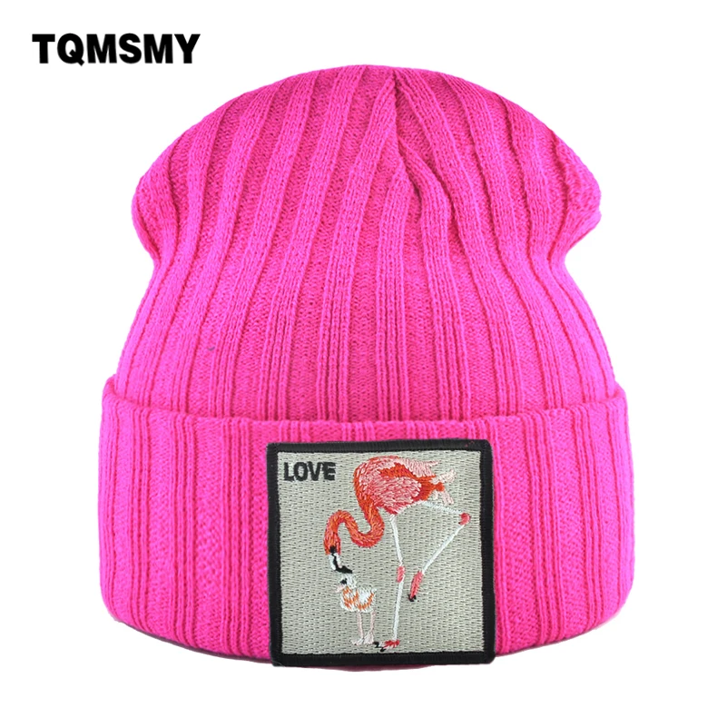 

TQMSMY Flamingo Embroidery Beanies Hat Women Outdoor Casual Knitted Skullies Beanies Men Winter Autumn Knit Warm Bonnet TMTB-HLN