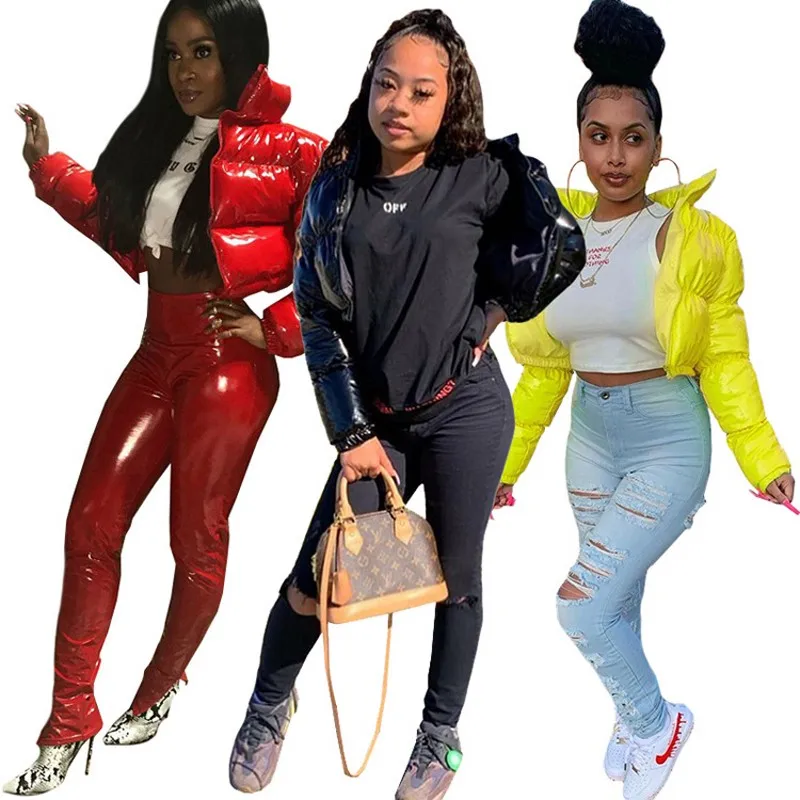 

Fashion Women Down Coats 2021 Winter Fashion Lapel Zipper Neck Long Sleeves Cropped Solid Coats Lady Street Wear Real Pitures