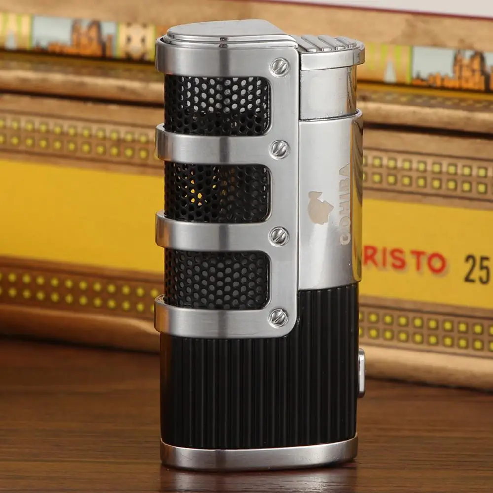 COHIBA зажигалка для сигар бутан 3 фонарь струйная зажигалка с резак для сигар удар аксессуары ветрозащитный прикуриватель подарочная коробка