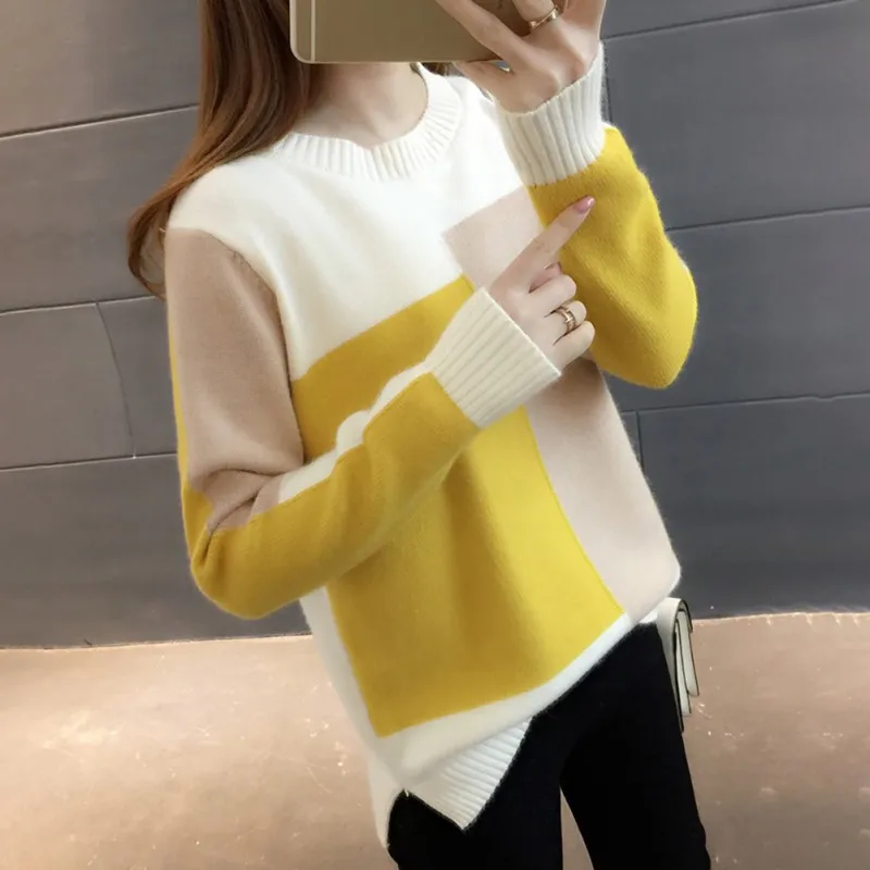 

Women Autumn Candy Color Sweater Round Collar Colorblock Long Sleeve Knit Top Multicolor with Splicing Thin Tops Sweaters