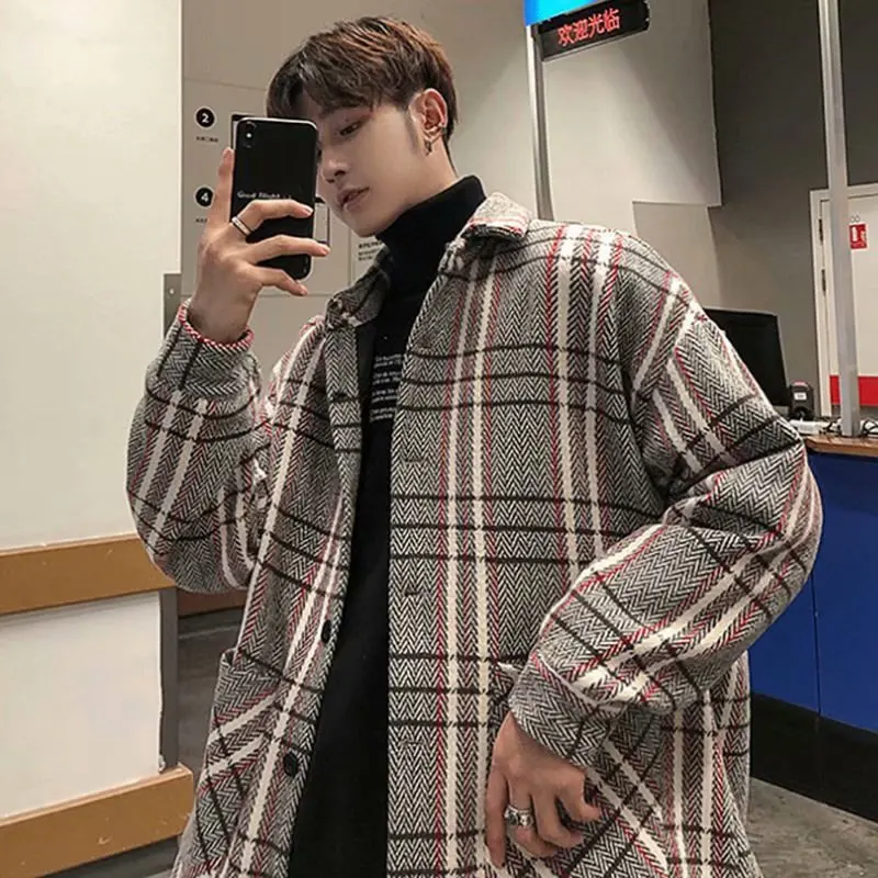 

Mens Plaid Jacket Harajuku Autumn Winter Thickened Woolen Jacket Male Korean Handsome Young Jacket Men's Casual Fashion Clothes